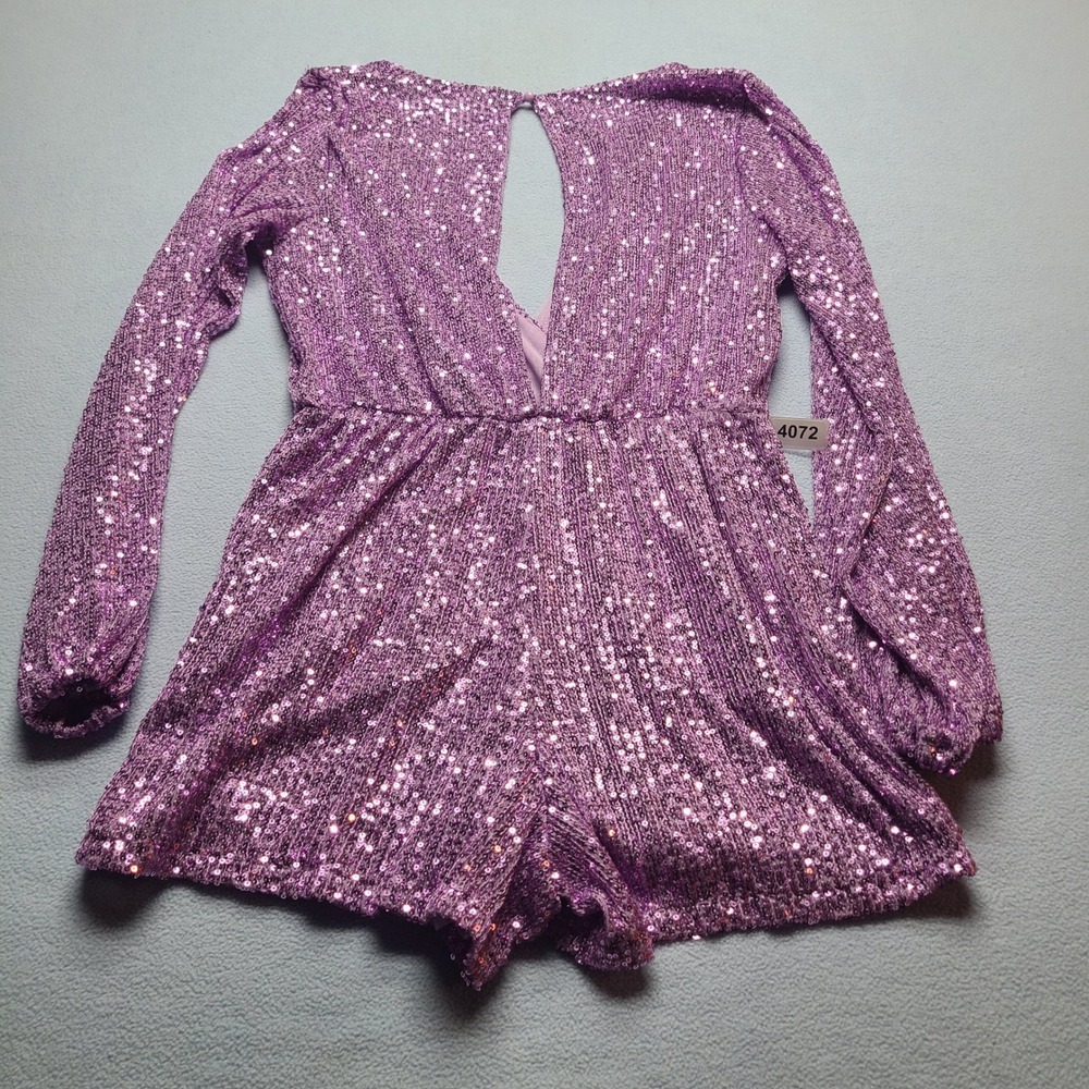 Venus Sequin Romper Womens Medium Purple Excellent Deep V-Neck Balloon Sleeve - Picture 7 of 8
